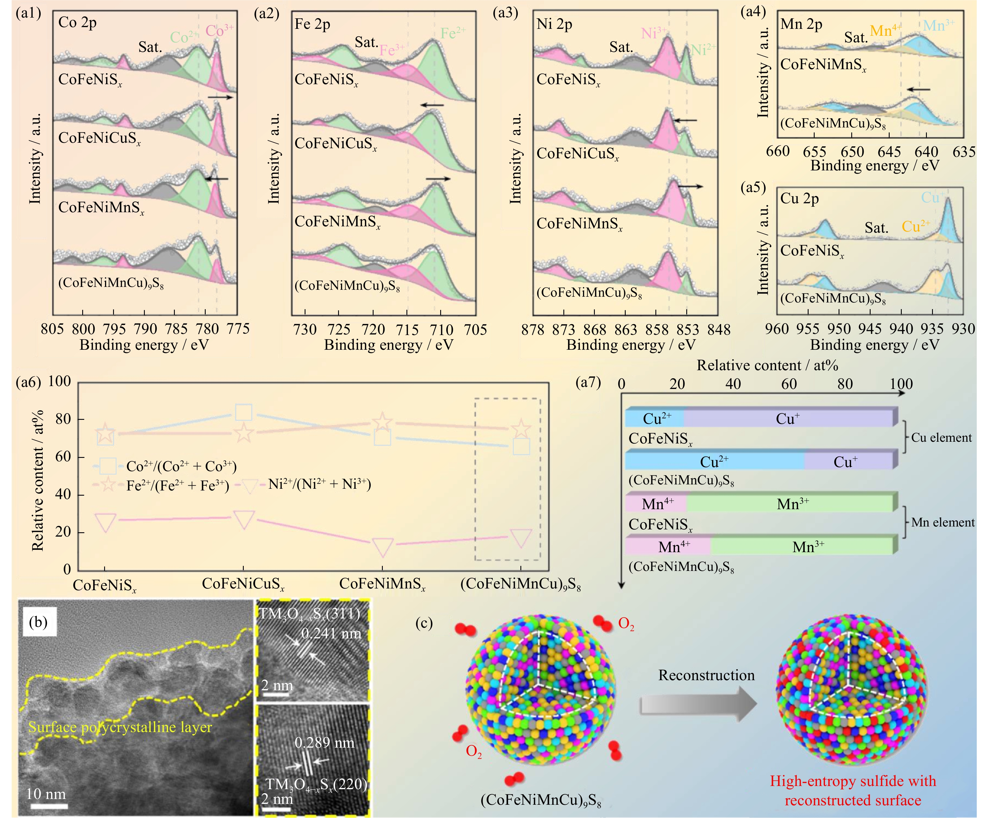 a1) Co 2p, (a2) Fe 2p, (a3) Ni 2p, (a4) Mn 2p, and (a5) Cu 2p